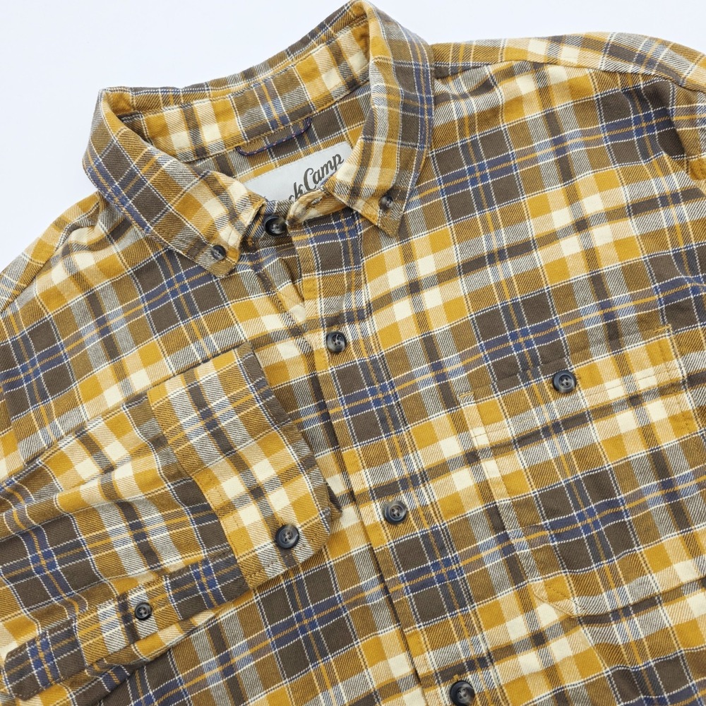 Duck Camp Shirt Mens L Yellow Brown Plaid Long Sleeve Button Down Pocket Flannel
